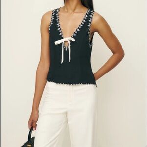 Reformation Black Top with White Floral Trim